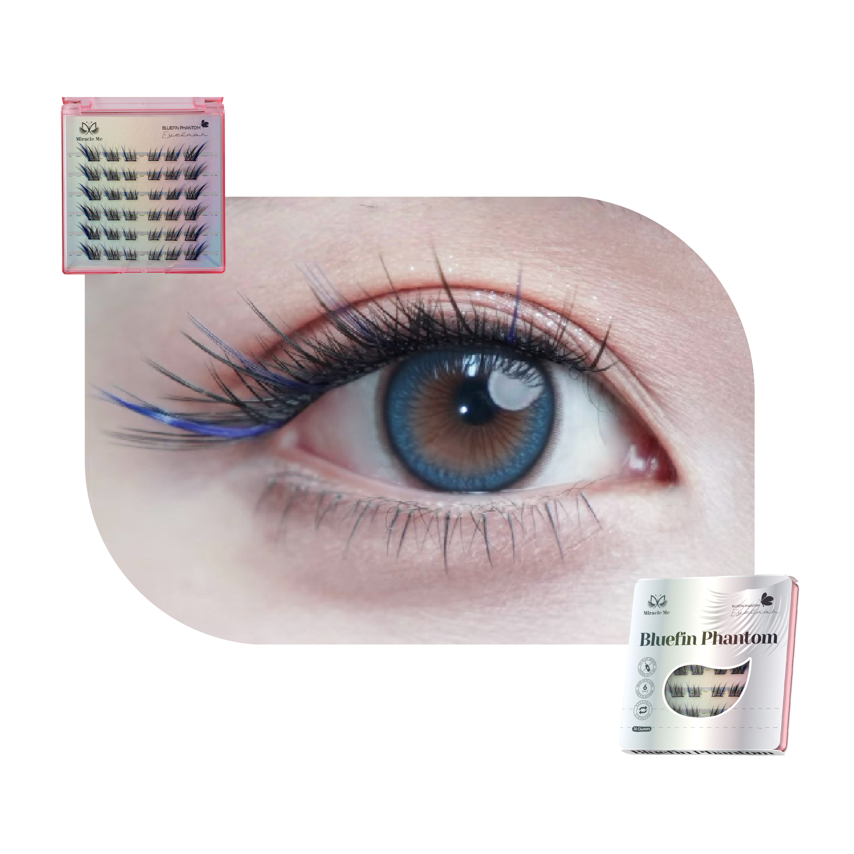 Close-up of an eye with blue-highlighted lashes, accompanied by packaging labeled 'Bluefin Phantom'.